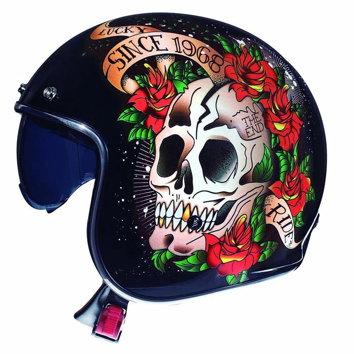 Discount 🛒 MT Le Mans 2 Open Face Helmet Skull And Roses Black/Red 😉